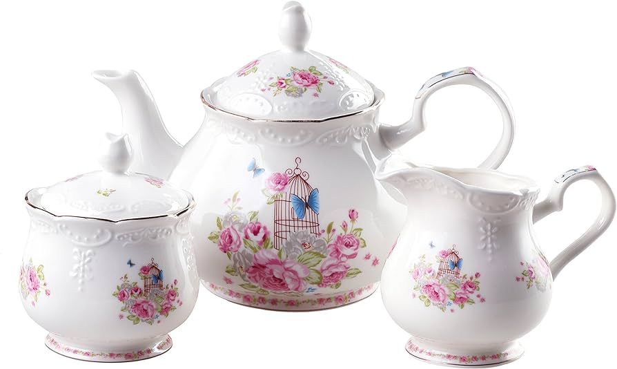 Jusalpha® Fine china vintage rose teapot and creamer set (Teapot and creamer set) | Amazon (US)