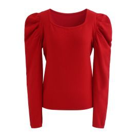 Square Neck Bubble Sleeves Knit Top in Red | Chicwish