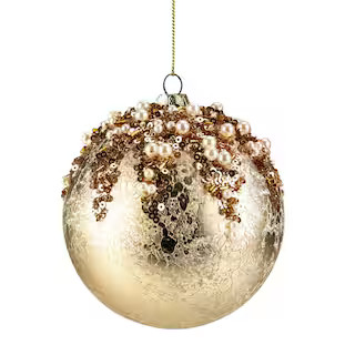 4 in. Gold Mercury Glass Style Shatterproof Christmas Ball Plastic Ornament with Beads | The Home Depot