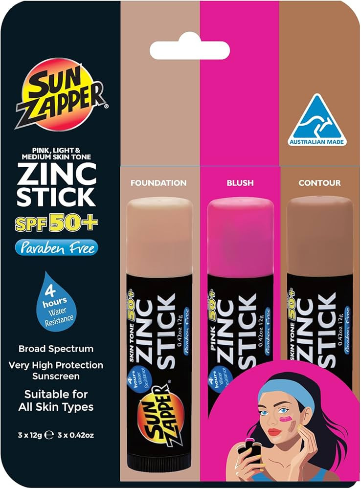 Sun Zapper Zinc Oxide Sunscreen Stick – SPF 50+ Tinted 3-Pack (Light, Dark, Pink) – Sunscreen... | Amazon (US)