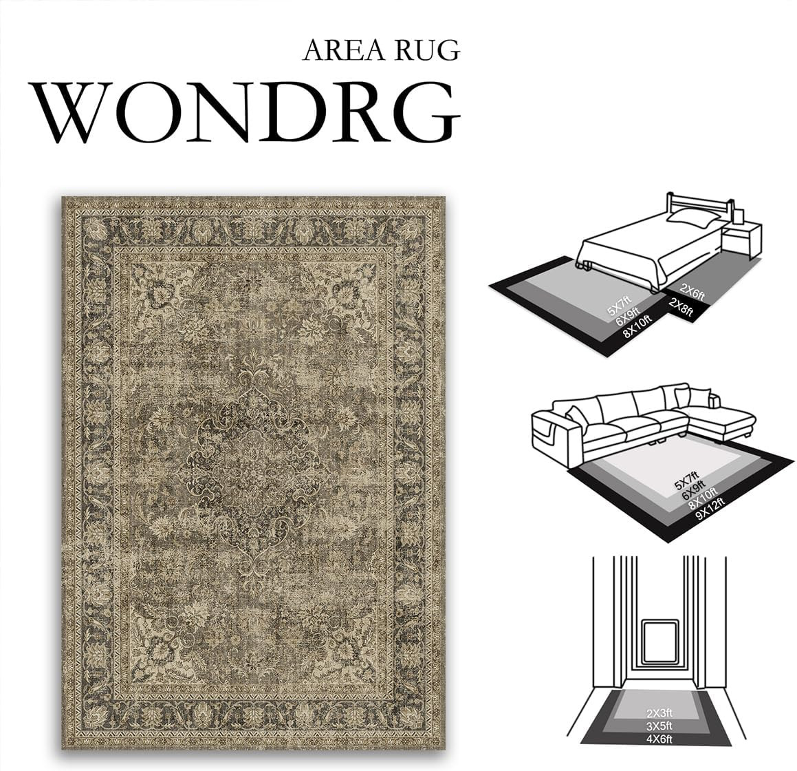 2x3 Washable Brown Area Rug Vintage Entryway Kitchen Carpet Non-Slip Soft Low Pile Distressed Ind... | Amazon (US)