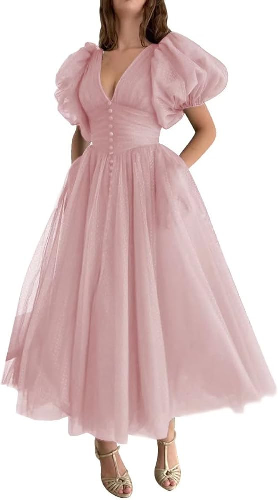 Xijun Puffy Sleeve Prom Dresses for Women Dotted Tulle V Neck Formal Evening Party Gowns Tea Leng... | Amazon (US)