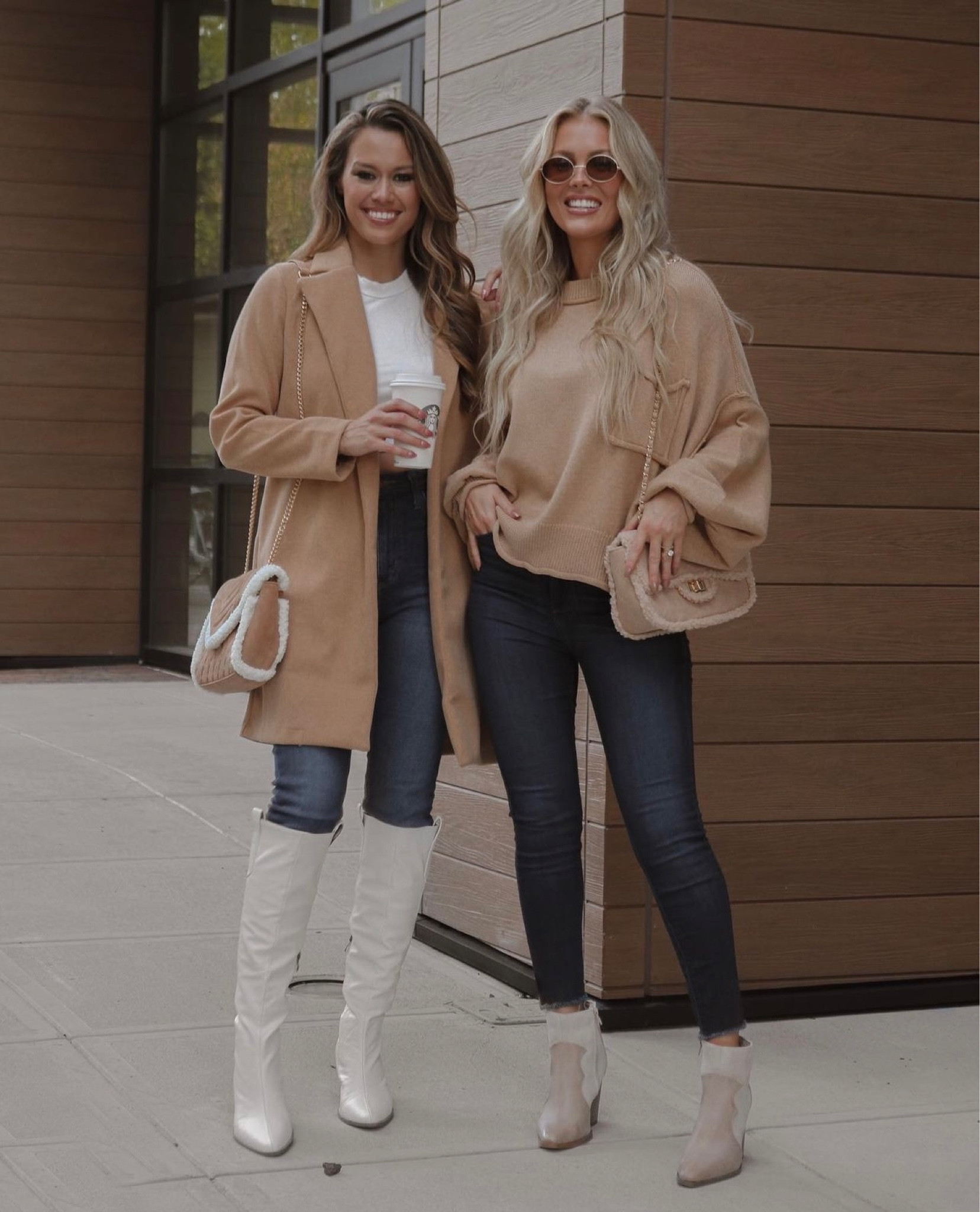 Cute and comfy neutral Fall/ Winter best friend outfit. 

Tan coat 
White knee high boats 
Sherpa handbag 

#LTKHoliday #LTKSeasonal #LTKCyberweek