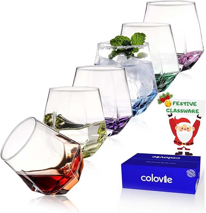 ColoVie 10 oz Easy Hold Stemless Wine Glasses Set of 6, Cute Dishwasher Safe Cocktail Glasses, Di... | Amazon (US)