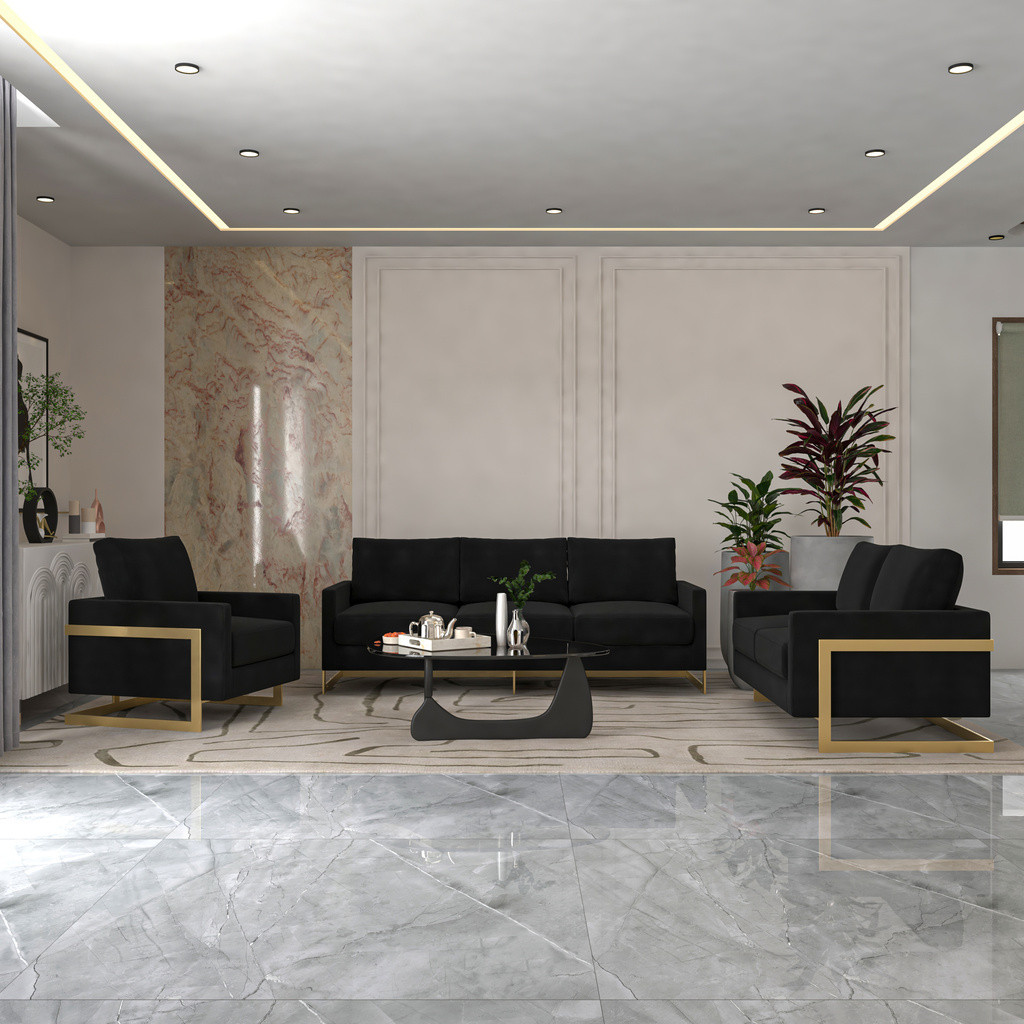 Lincoln 3-Piece Velvet Living Room Sofa Set with Gold Frame In Midnight Black | 1stopbedrooms