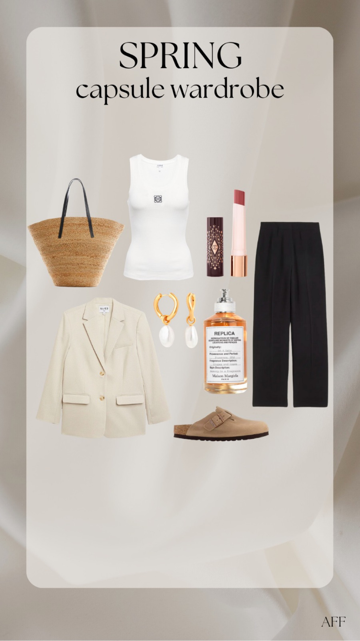 Spring capsule wardrobe outfit idea - black wide leg trousers, beige blazer, loewe white vest top, basket bag, gold Astrid & miyu hoop earrings, maison Margeila replica on a date perfume, Charlotte tilbury pillow talk balm, Birkenstock bostons  

#LTKstyletip #LTKSeasonal #LTKeurope