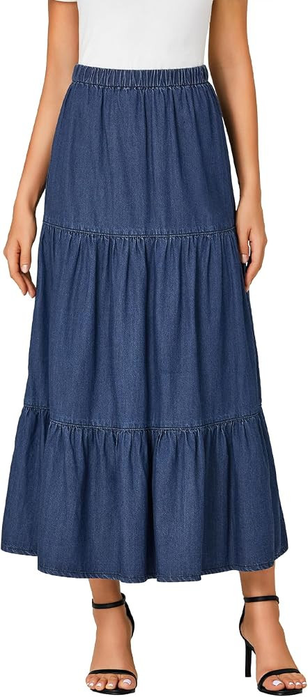OPOIPIN Women's Elastic High Waist Tiered Ruffle A Line Swing Denim Long Skirt | Amazon (US)