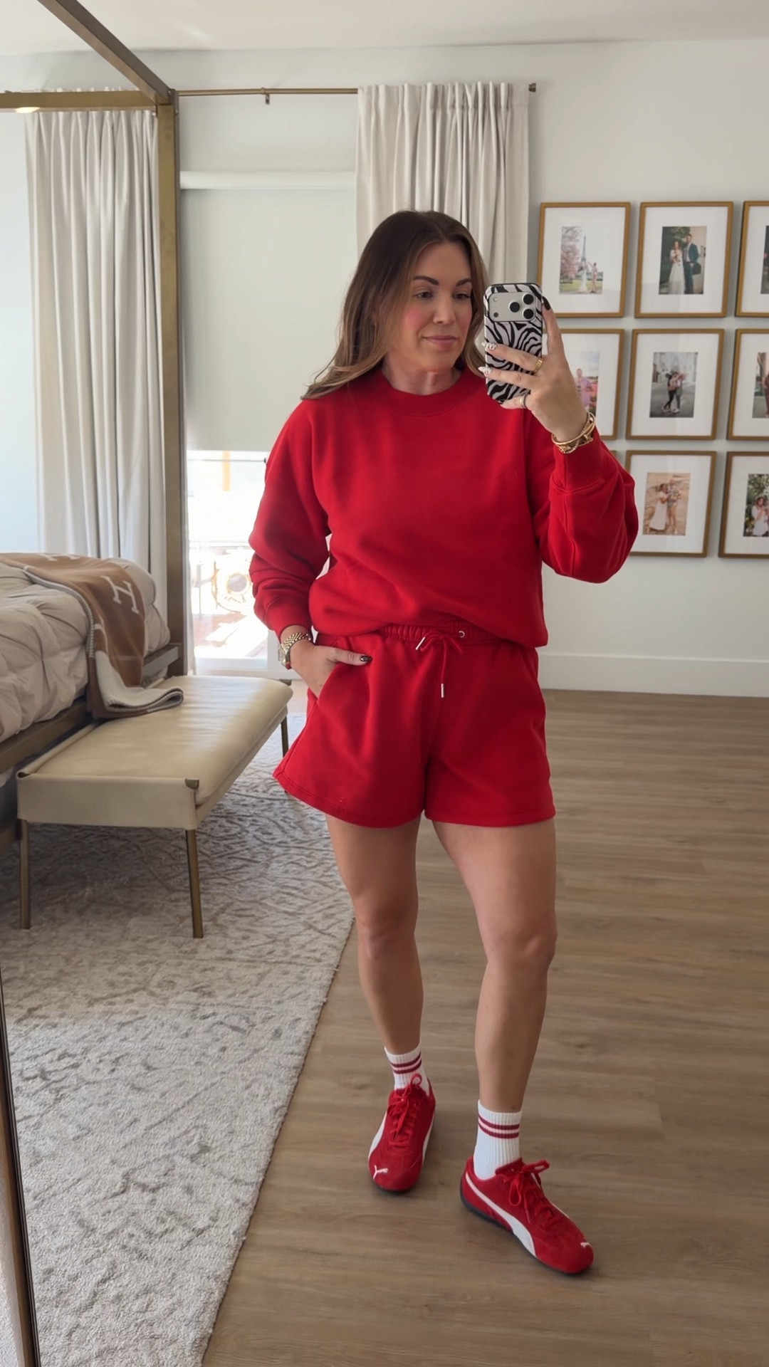 curvy midsize red sweat suit outfit! wearing size medium in red striped tank, shorts, and crew neck ❤️

#LTKMidsize #LTKSeasonal
