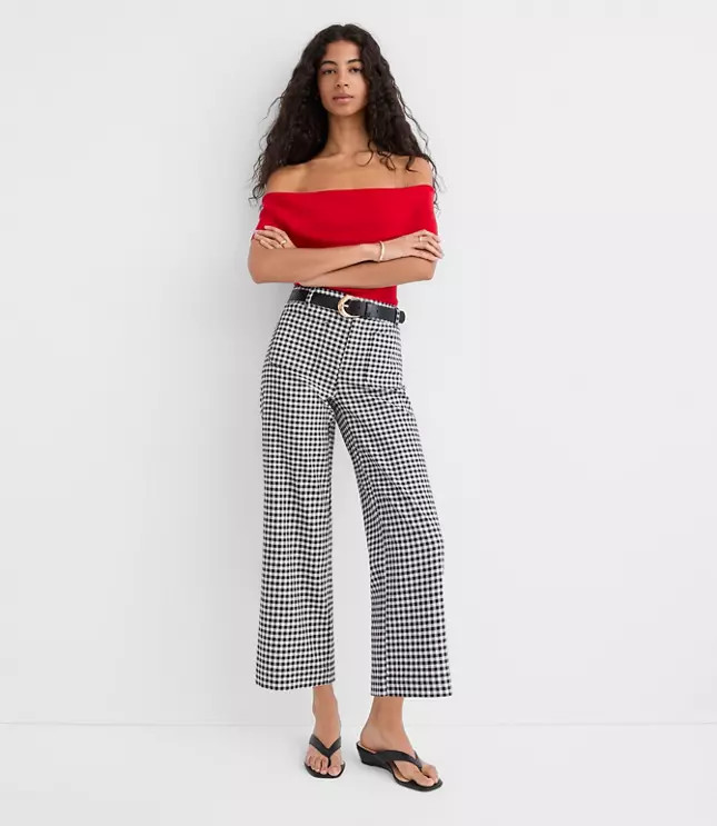 Palmer Wide Leg Crop Pants in Gingham Cotton Linen | LOFT