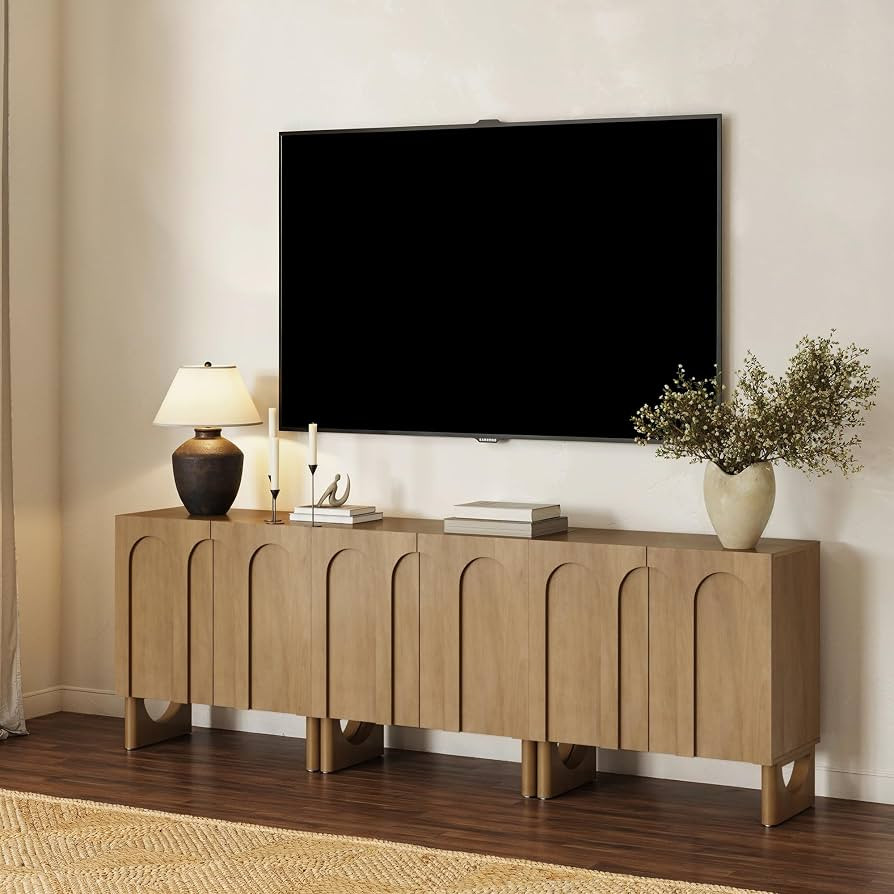 Nathan James Jett Mid Century Modern Wood Credenza Storage Cabinet, Modular Arched Door Cabinet with Solid Wood Legs, Light Brown Set of 3 | Amazon (US)