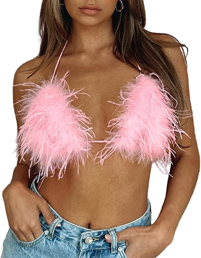 PURFUN Sexy Fuzzy Feather Crop Top Women Halter Triangle Bra Camis Deep V Neck Backless Rave Tank... | Amazon (US)