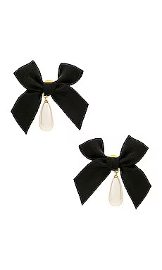 petit moments Bow Drop Pearl Earrings in Black from Revolve.com | Revolve Clothing (Global)