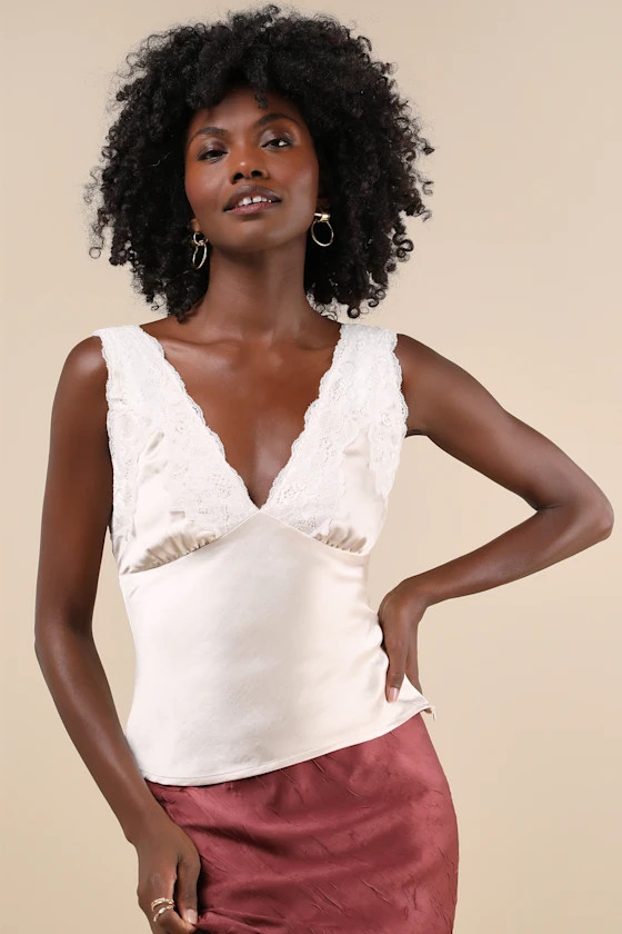 Wildly Perfect Champagne Satin Lace V-Neck Tank Top | Lulus