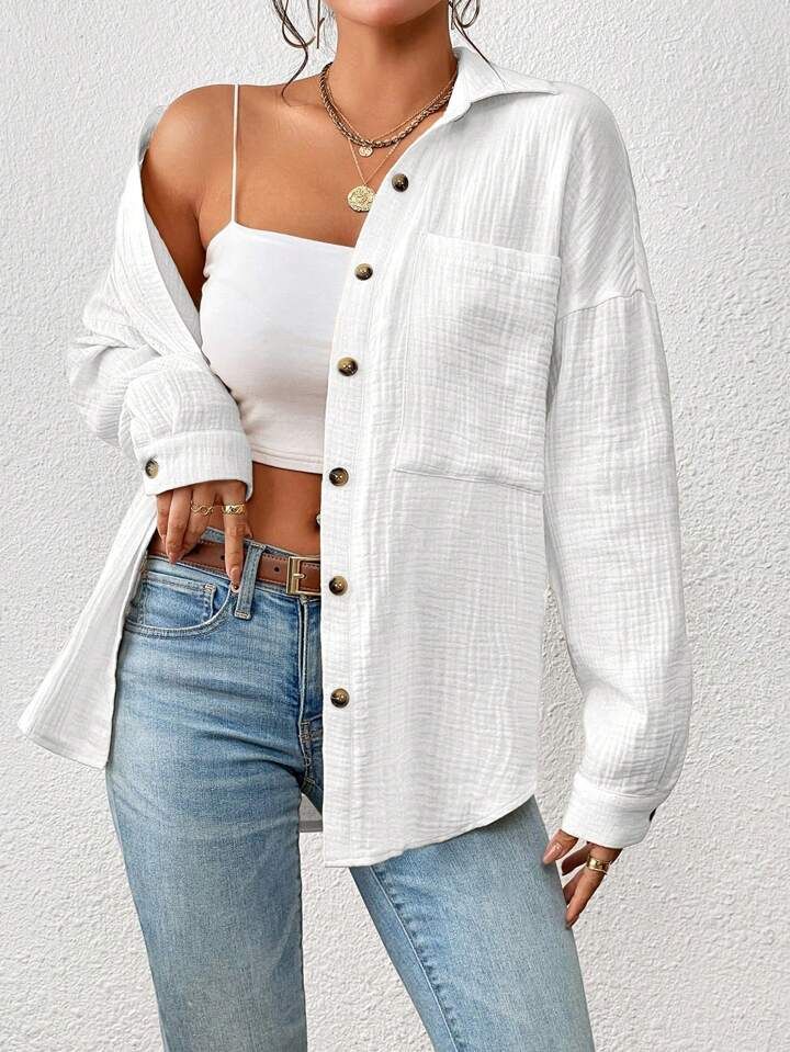 SHEIN Essnce Drop Shoulder Pocket Patched Button Front Shirt | SHEIN