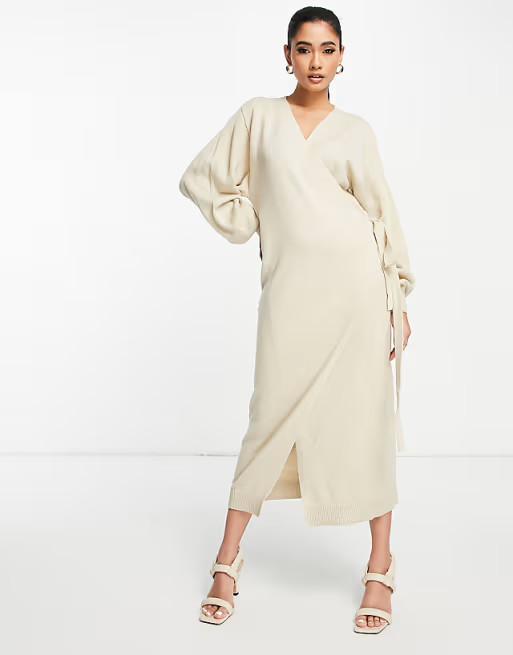 Pretty Lavish Beau wrap knit dress with tie waist in beige | ASOS | ASOS (Global)