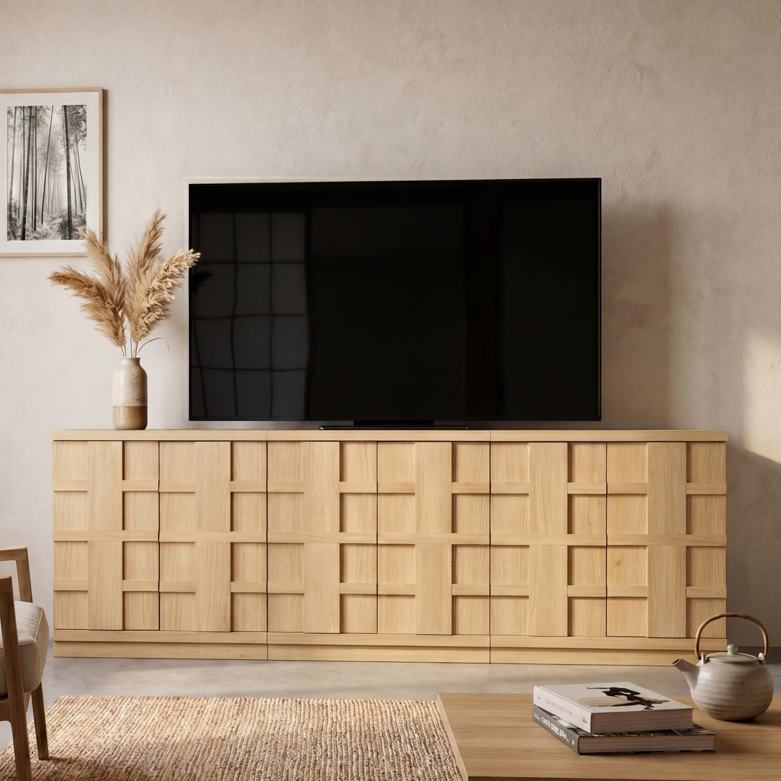 VividVibe Buffet Cabinet Sideboard with Storage, 93.9”Large 3D Woven Texture Credenza with 6 Pop-up Doors, Long Coffee Bar Cabinet Mid Century Modern for Entryway Living Room Light Oak | Amazon (US)