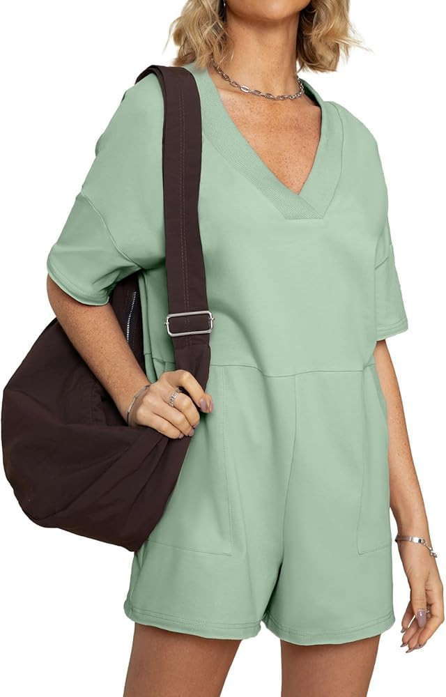 Glamaker Women's Oversized Casual Rompers Summer Outfits Workout Tee Rompers V Neck Loose Short S... | Amazon (US)