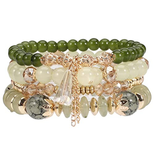 Caiyao 4Pcs Bohemia Multilayer Stackable Beaded Bracelets Set Colorful Crystal Stone Gold Beaded Stretch Bracelets Hawaii Charm Bracelet for Women Men Summer Beach Boho Vacation Jewelry Gifts-Green | Amazon (US)