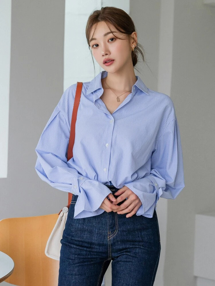 DAZY Striped Knot Cuff Button Up Shirt | SHEIN