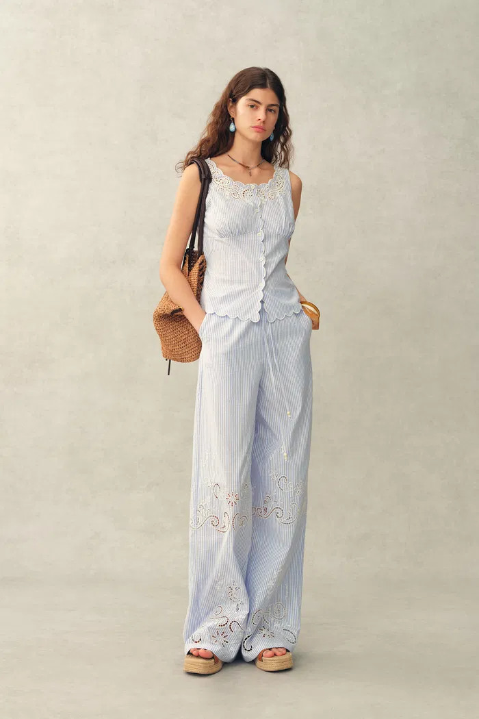 Lone Striped Embroidered Sleeveless Lace Trim Cami Top and Pants Set i | Fabrique