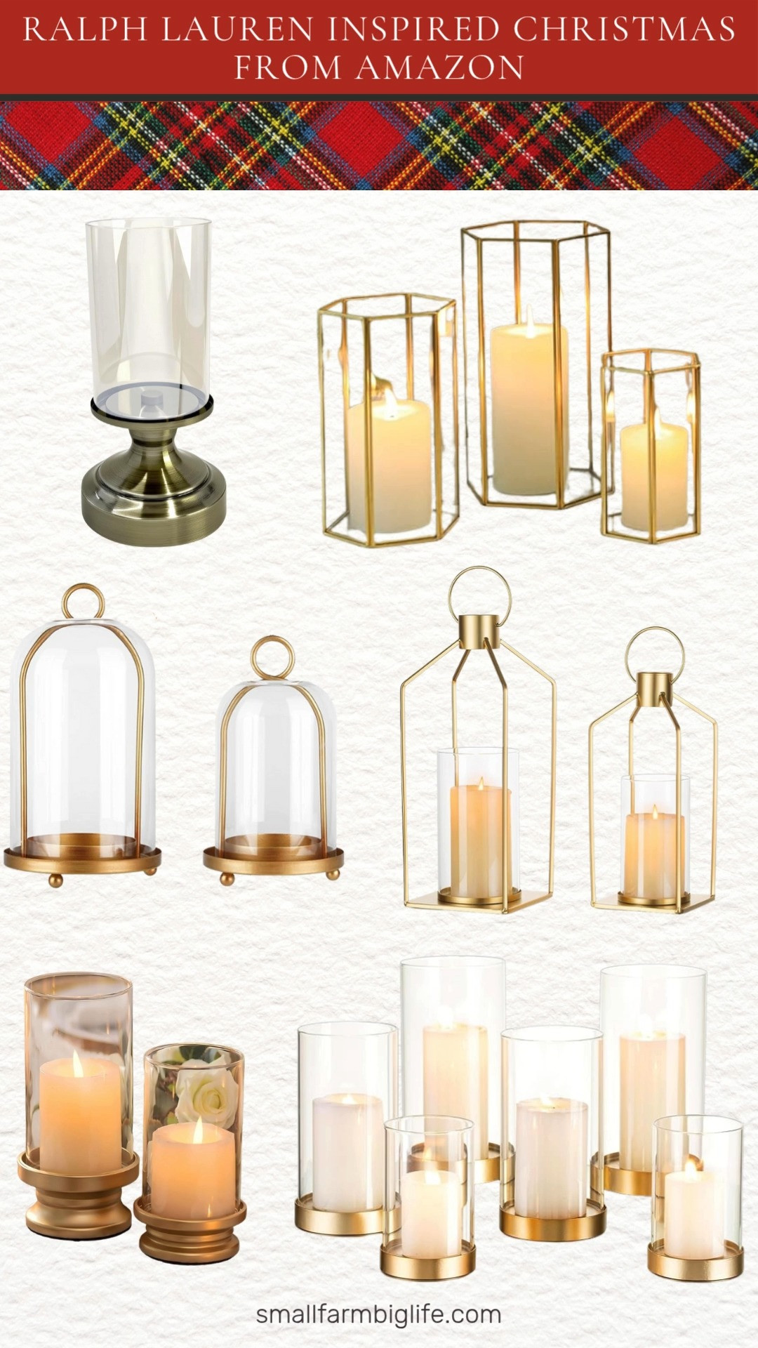 Create a Ralph Lauren inspired Christmas look with elegant touches from Amazon! These glass and gold hurricane candle holders bring timeless sophistication and warm glow to your holiday decor. Perfect for a classic Christmas table or mantel display filled with rich, festive charm. 

 #LTKHoliday #LTKSeasonal #LTKHome