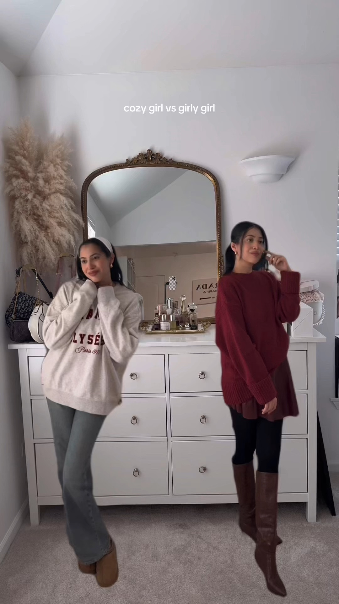 Cozy girl versus girly girl Fall outfits and clothes with Autumn style including oversized sweatshirt and denim blue jeans with comfy Tasman slippers and burgundy maroon sweater with matching leather mini skirt and knee high boots

#LTKSaleAlert #LTKStyleTip #LTKShoeCrush