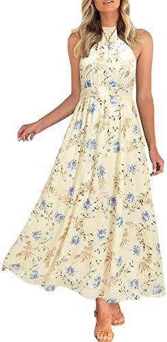 Newshows Women's Elegant Sleeveless Summer Dress 2023 Halter Neck Backless Chiffon Dresses Long F... | Amazon (US)