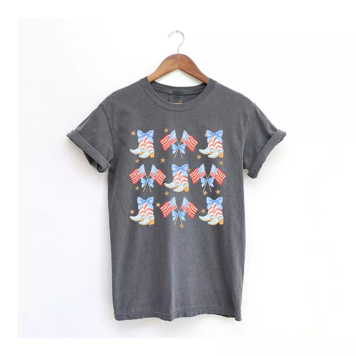 Simply Sage Market Women's Coquette Patriotic Cowgirl Boots Chart Short Sleeve Garment Dyed Tee | Target