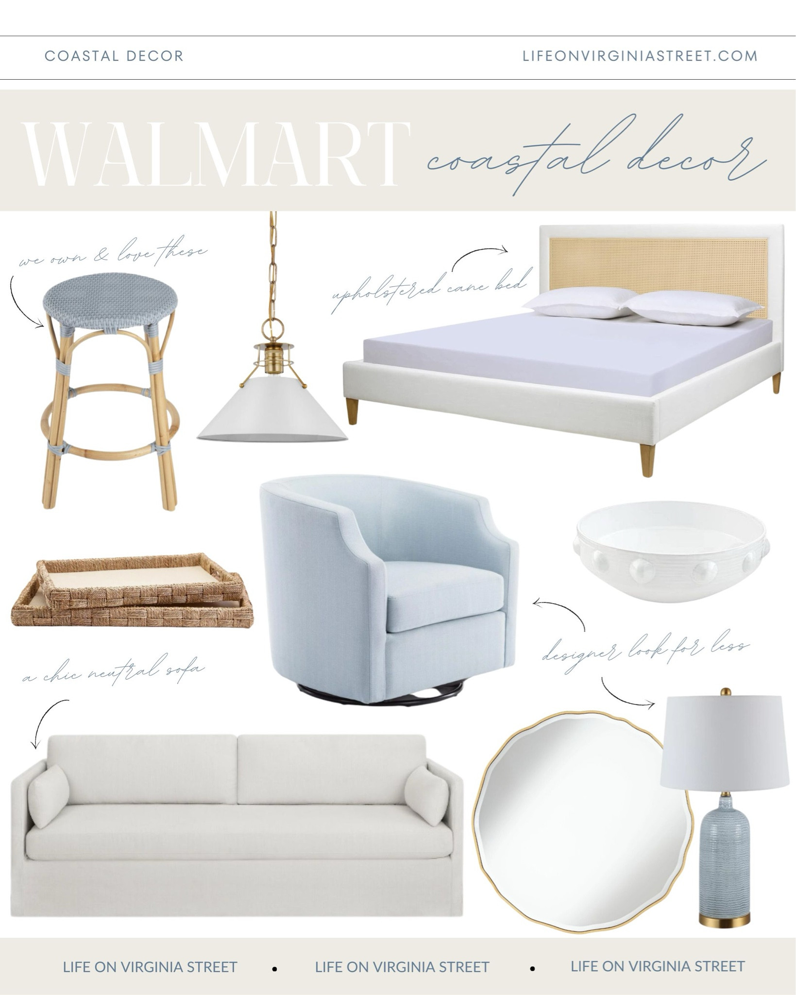 Loving these new coastal decor finds from Walmart! Includes a chic slipcovered sofa, light blue swivel chair, rattan blue counter stools, an upholstered cane bed, designer look for less lamps and mirrors, and the cutest rattan trays!
.
#ltkhome #ltksalealert #ltkfindsunder50 #ltkfindsunder100 #ltkstyletip #ltkseasonal coastal decorating ideas, beach house furniture, coastal decor, neutral decorating ideas 

#LTKhome #LTKSeasonal #LTKfindsunder50