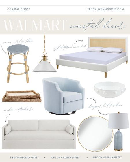 Loving these new coastal decor finds from Walmart! Includes a chic slipcovered sofa, light blue swivel chair, rattan blue counter stools, an upholstered cane bed, designer look for less lamps and mirrors, and the cutest rattan trays!
.
#ltkhome #ltksalealert #ltkfindsunder50 #ltkfindsunder100 #ltkstyletip #ltkseasonal coastal decorating ideas, beach house furniture, coastal decor, neutral decorating ideas 

#LTKhome #LTKSeasonal #LTKfindsunder50