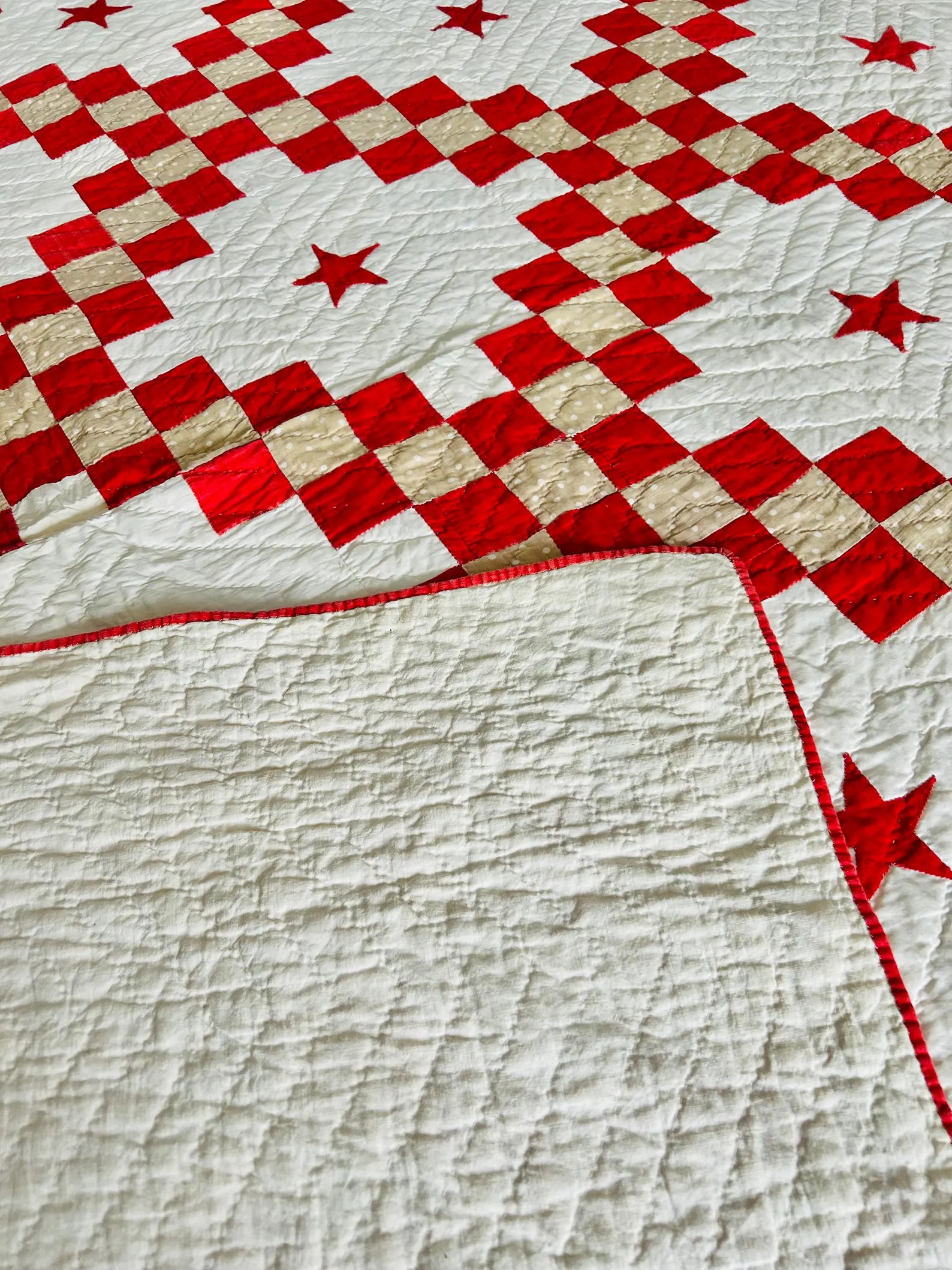 Vintage 1940s Double Irish Chain Quilt with Hand Appliquéd Stars | Red & White | 79" x 88" | Etsy (Global)
