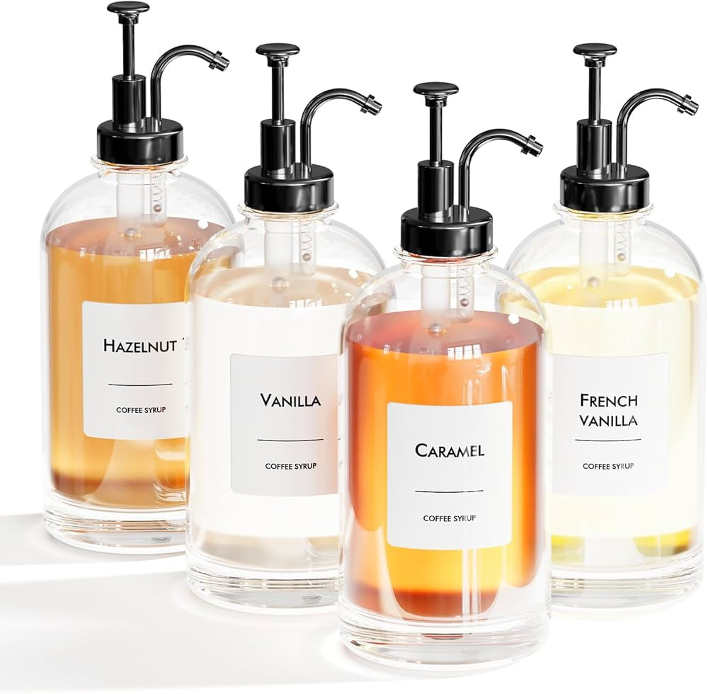 25.4oz Coffee Syrup Dispenser Set - 4 Glass Bottles with Black Pumper and Syrup Labels - Precise ... | Amazon (US)