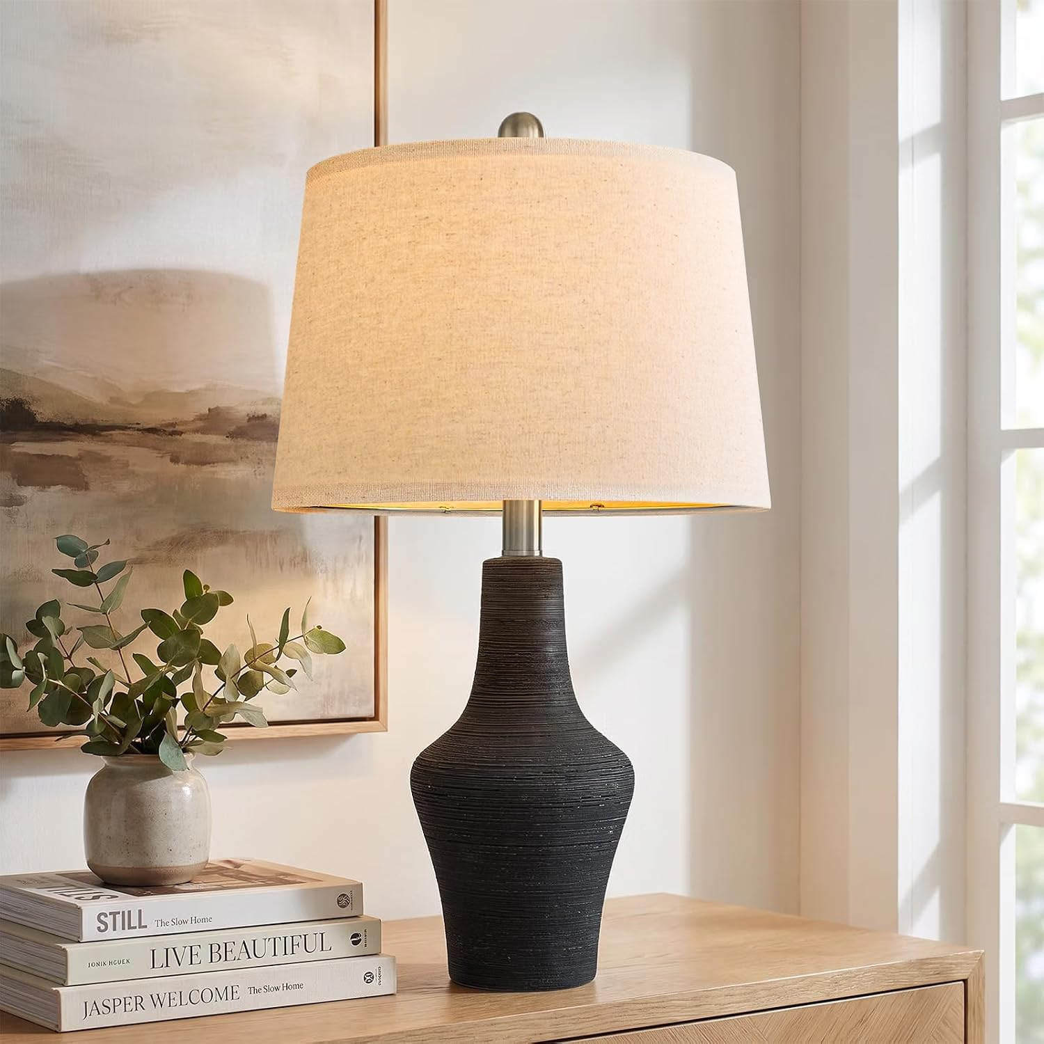 23" Farmhouse Ceramic Table Lamp Modern Bedside Lamps Matte Black | Amazon (US)