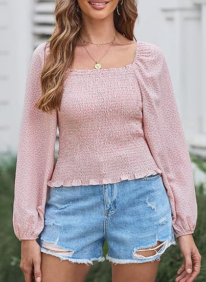 EVALESS Square Neck Tops Puff Long Sleeve Blouses for Women Dressy Casual Spring Fashion 2024 | Amazon (US)