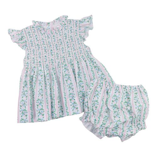 Pink And Green Floral Vines Smocked Diaper Set - Shipping Late May | Cecil and Lou