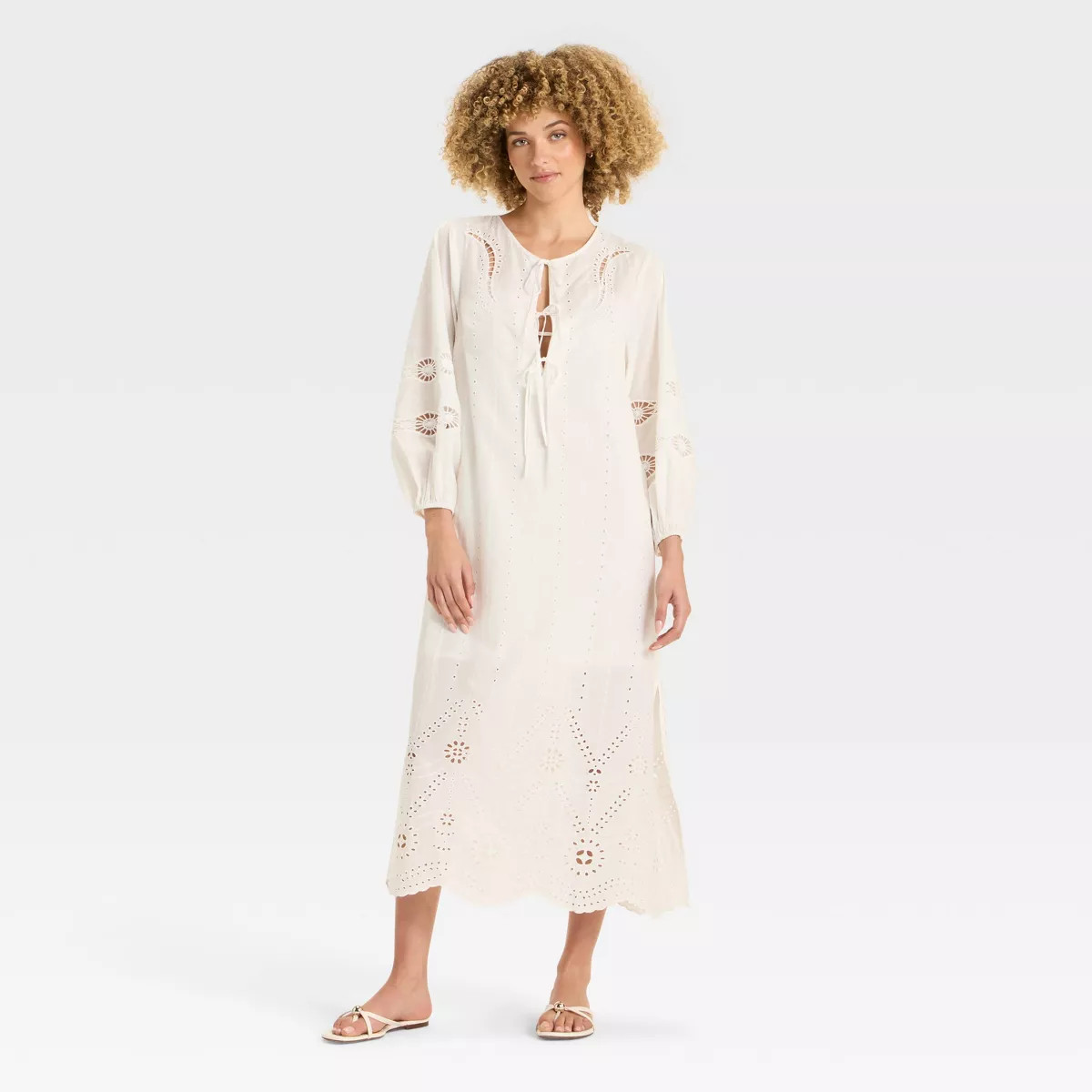 Women's Long Sleeve Eyelet Caftan A-Line Dress - Future Collective Cream | Target