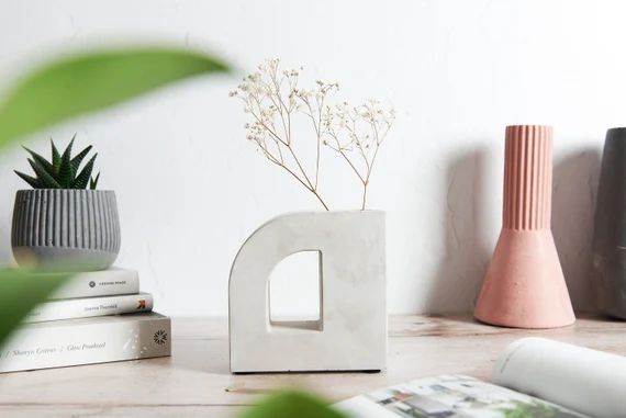 D Shaped Minimal Concrete Vase, a statement piece for the home and perfect for dried flowers | Etsy (US)