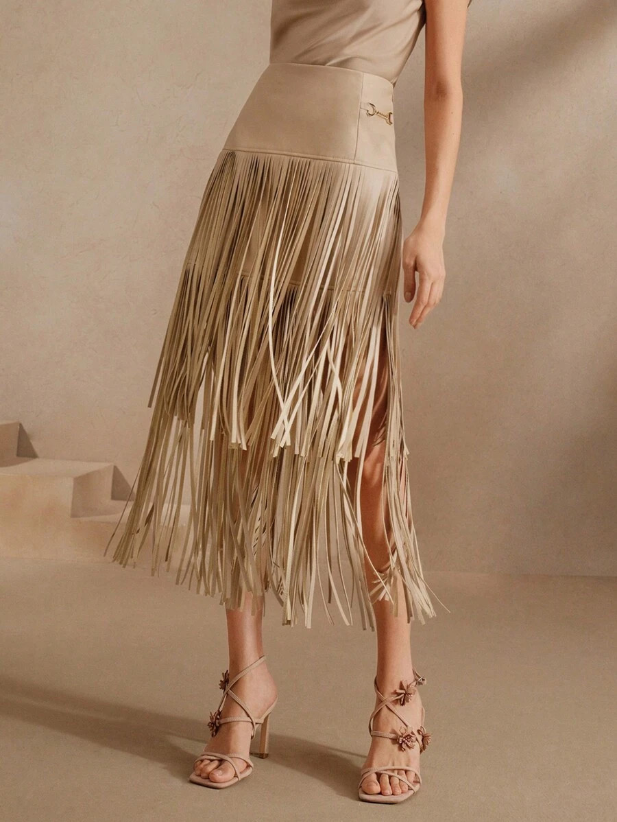 Anewsta Women's Fashionable Versatile Mid-High Waist Beige Soft Leather Fringe Skirt, Summer | SHEIN
