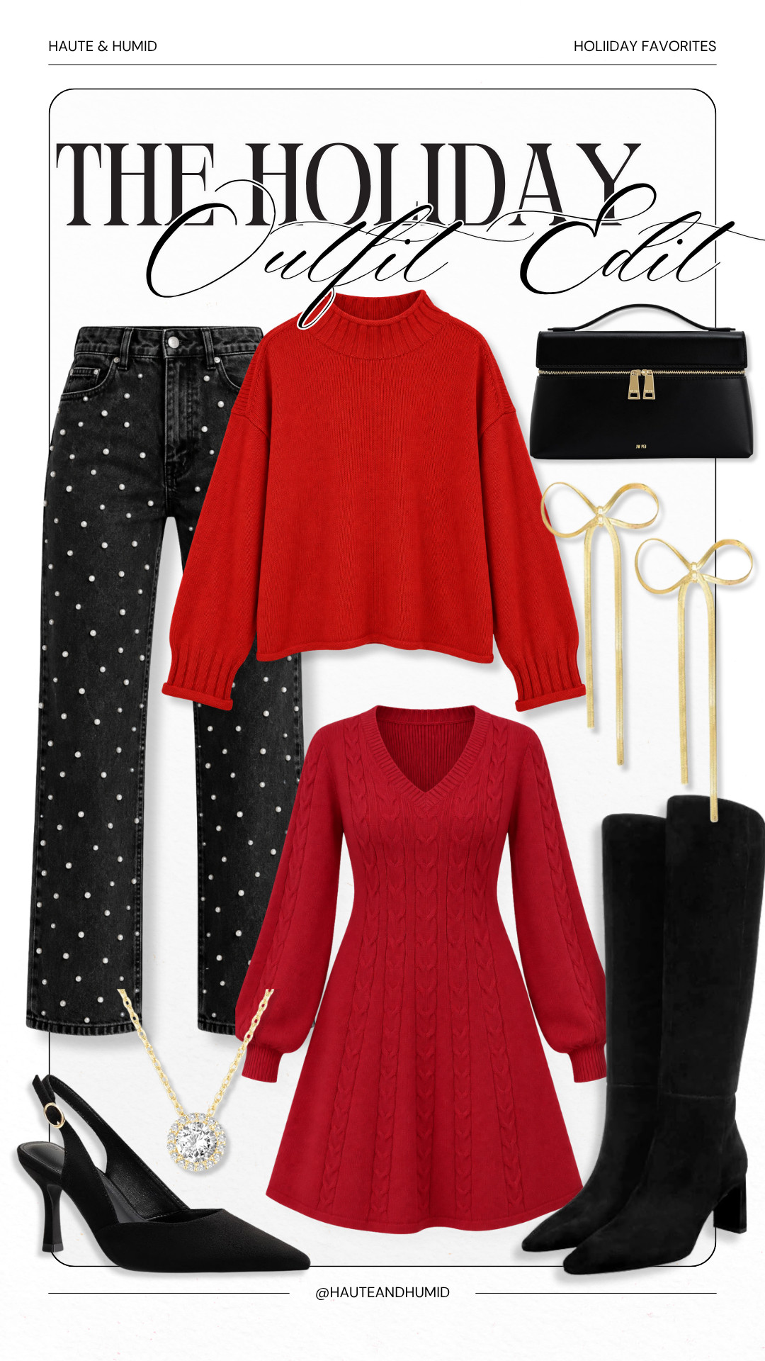 Holiday outfits don't have to mean sequins and uncomfortable clothes! I love the idea of pairing a bright red sweater with embellished black jeans and heels for a casual Christmas party, or dressing up in a red cable knit sweater dress with tall black boots. Add a little gold jewelry and a structured handbag, and you're ready for holiday dinners, family gatherings, or Christmas celebrations.
holiday outfit ideas, Christmas party outfit, red Christmas sweater, red sweater dress, black embellished jeans, holiday jeans outfit, Christmas dinner outfit, black knee high boots, festive holiday fashion, casual holiday outfits, women over 40 holiday fashion, holiday outfit inspiration, HauteandHumid