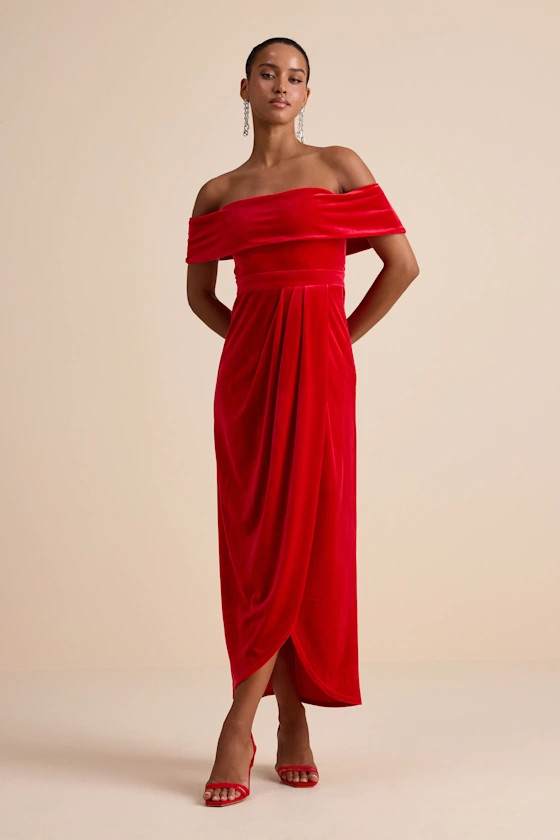 I'm Enchanted Red Velvet Off-the-Shoulder Maxi Dress | Lulus