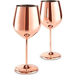 VonShef Copper Stainless Steel Wine Glasses Set of 2 16oz Shatter Proof Glasses with Gift Box | Amazon (US)