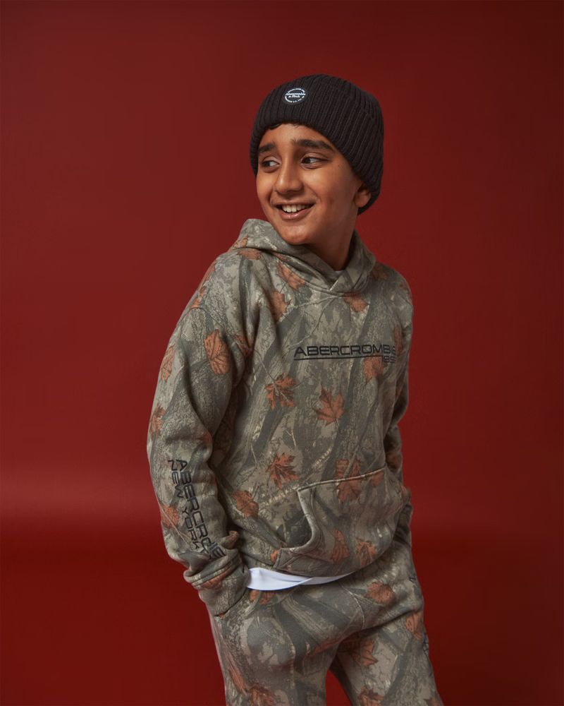 camo print graphic logo popover hoodie | Abercrombie & Fitch (US)