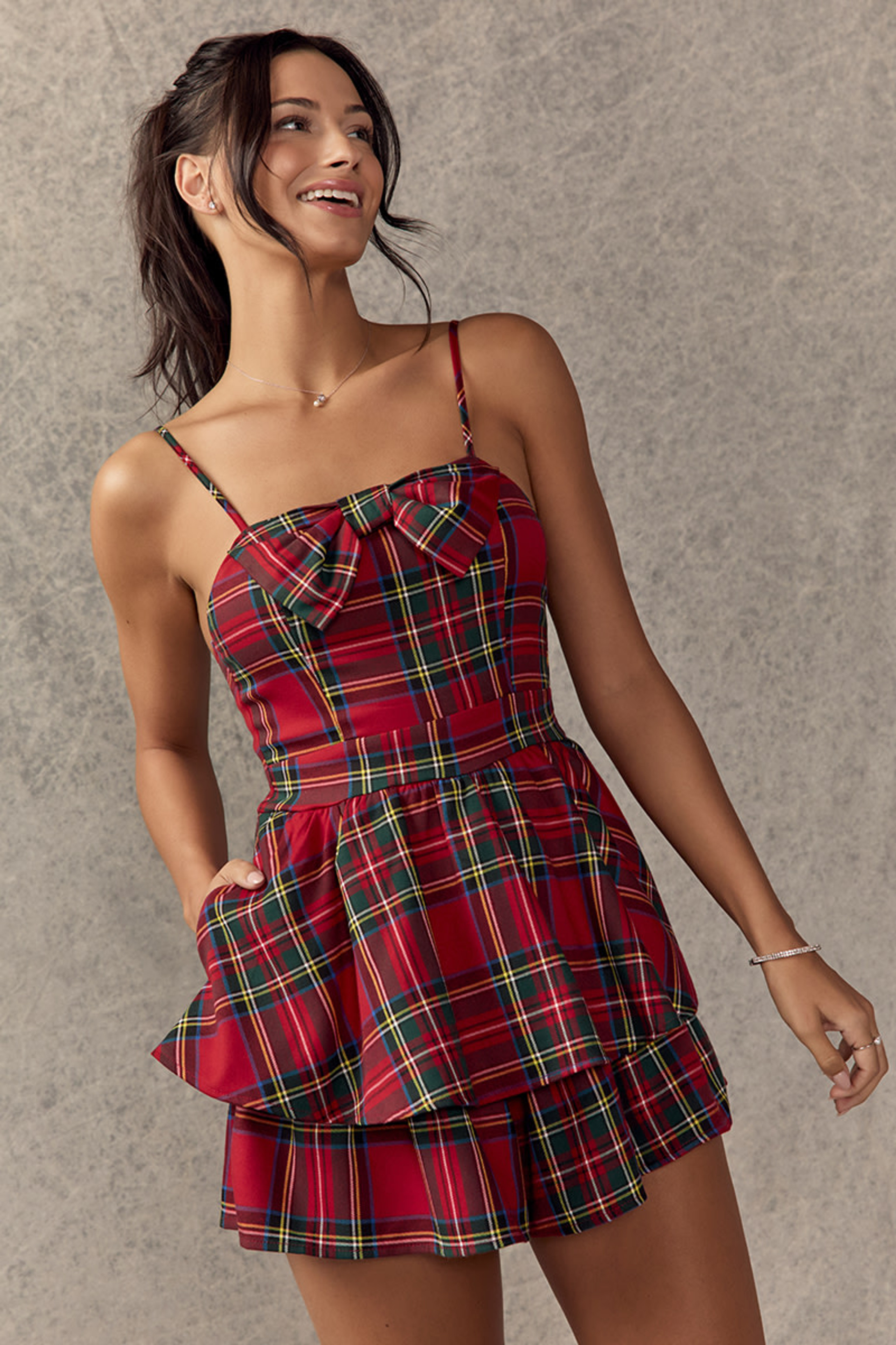 Madelyn Bow Front Tiered Plaid Romper | Francesca's