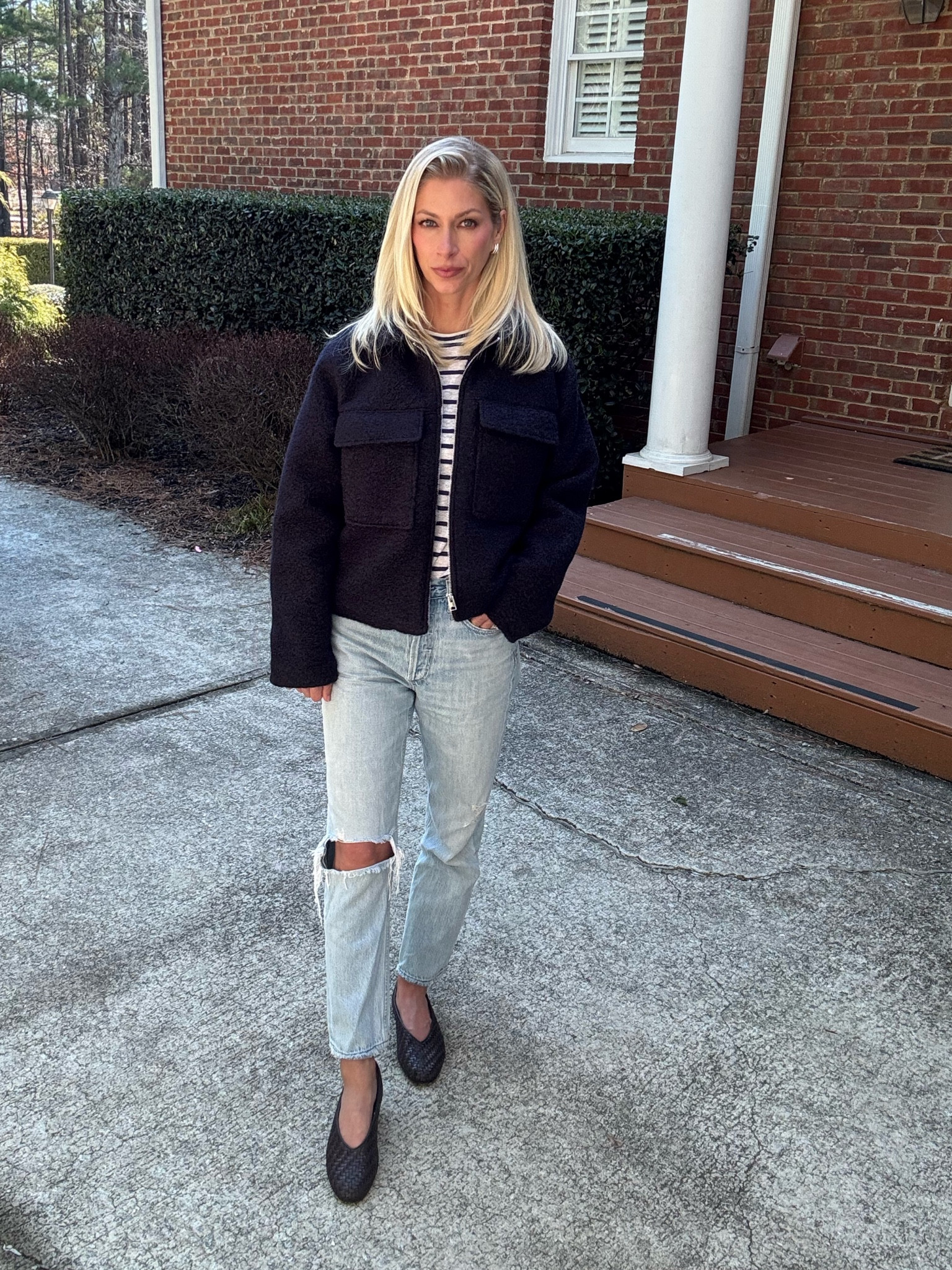 Spring outfit, jacket, navy coat , ballet flats , brown shoes , silver earrings 

#LTKOver40 #LTKShoeCrush