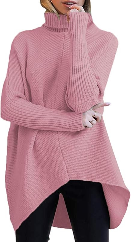 Caracilia Womens Turtleneck Long Sleeve Sweater Irregular Hem Casual Pullover Knit Tops | Amazon (US)