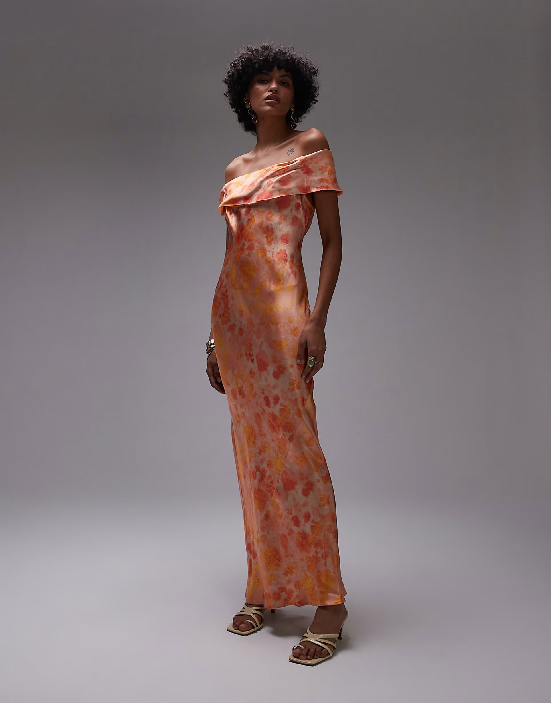Topshop drape shoulder maxi occasion dress in blurred orange floral | ASOS (Global)