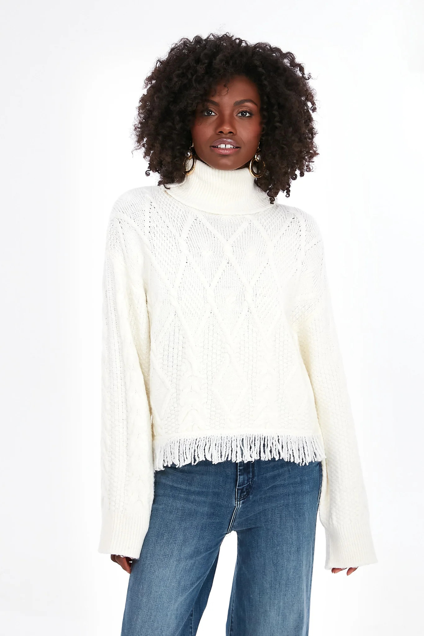 Cream Cable Pattern Turtleneck Fringe Sweater | Tuckernuck (US)