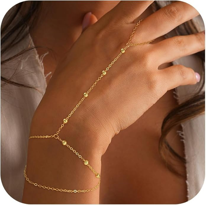 Hand Chain Bracelets for Women - 14K Real Gold Plated Dainty Stackable Paperclip Link Bracelets H... | Amazon (US)