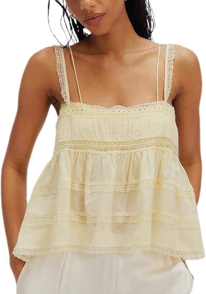 Women Y2K Solid Color Cami Top Sleeveless Lace Patchwork Ruffled Peplum Tank Top Summer Backless ... | Amazon (US)