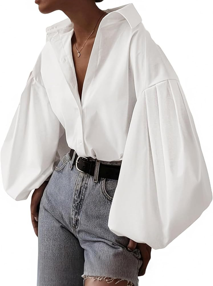 Women's Lapel Collar Button Down Lantern Long Sleeve Blouse Shirt Top | Amazon (US)